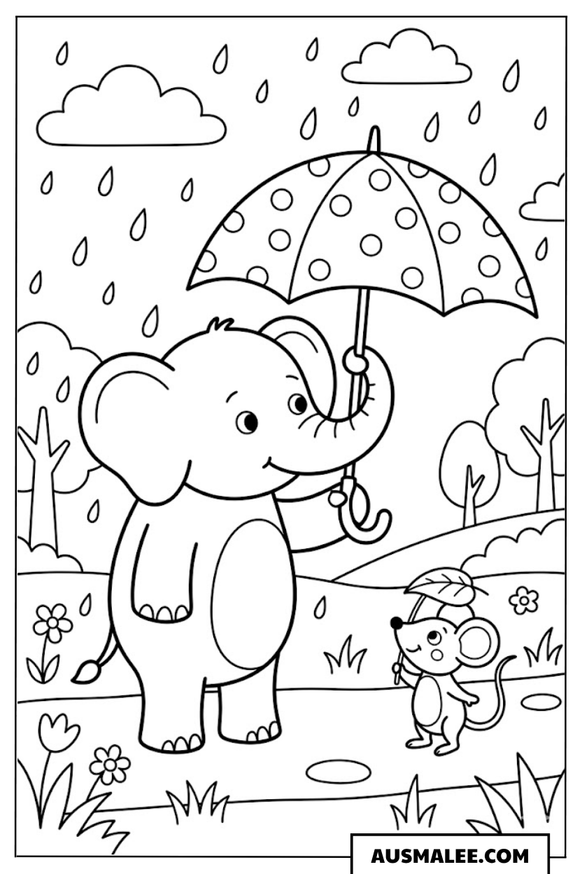 Elefant hält Regenschirm für Maus ausmalbild