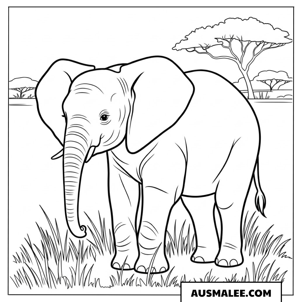 Elefant in der Savanne ausmalbild