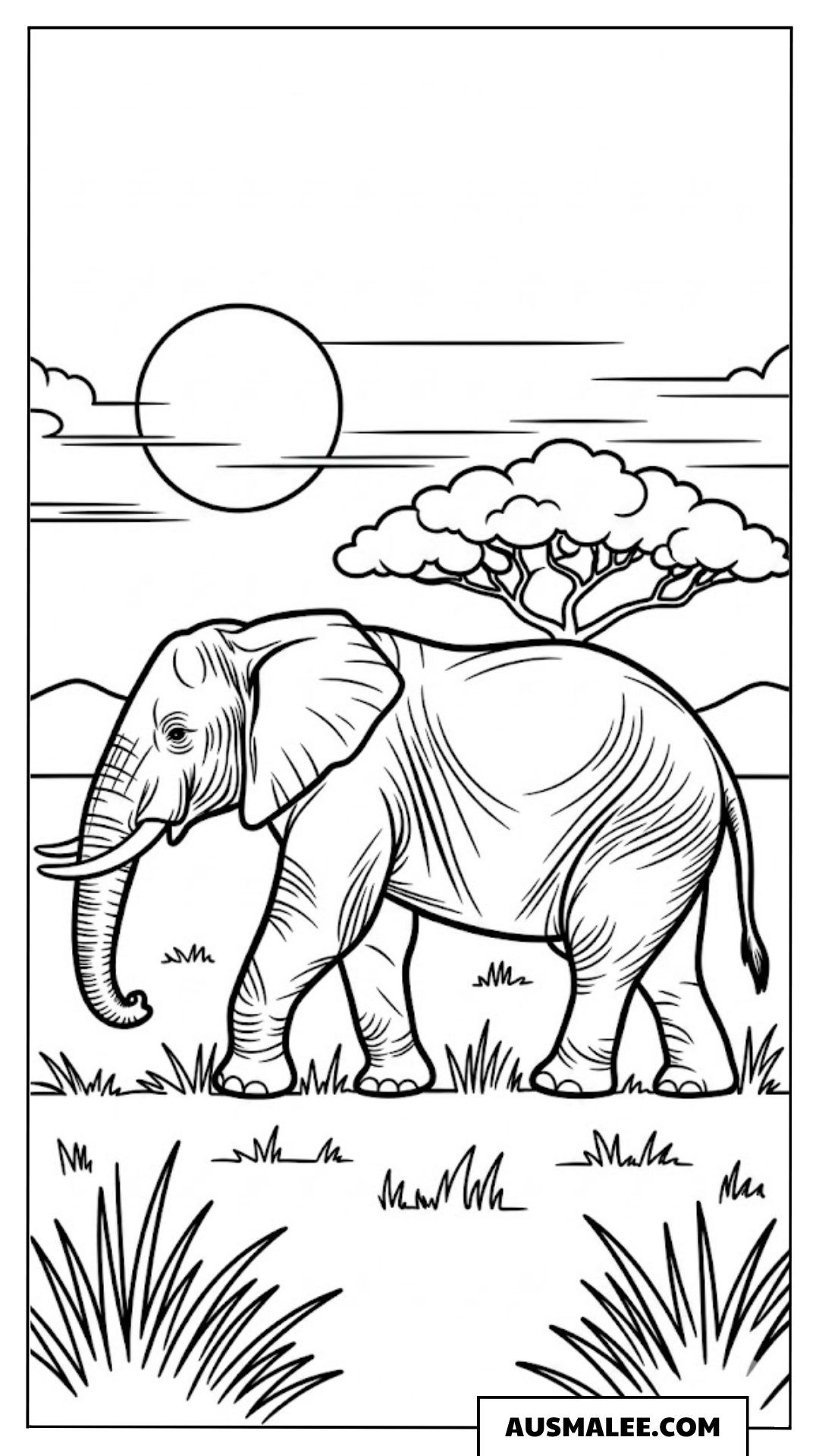 Elefant in der Savanne bei Sonnenuntergang ausmalbild