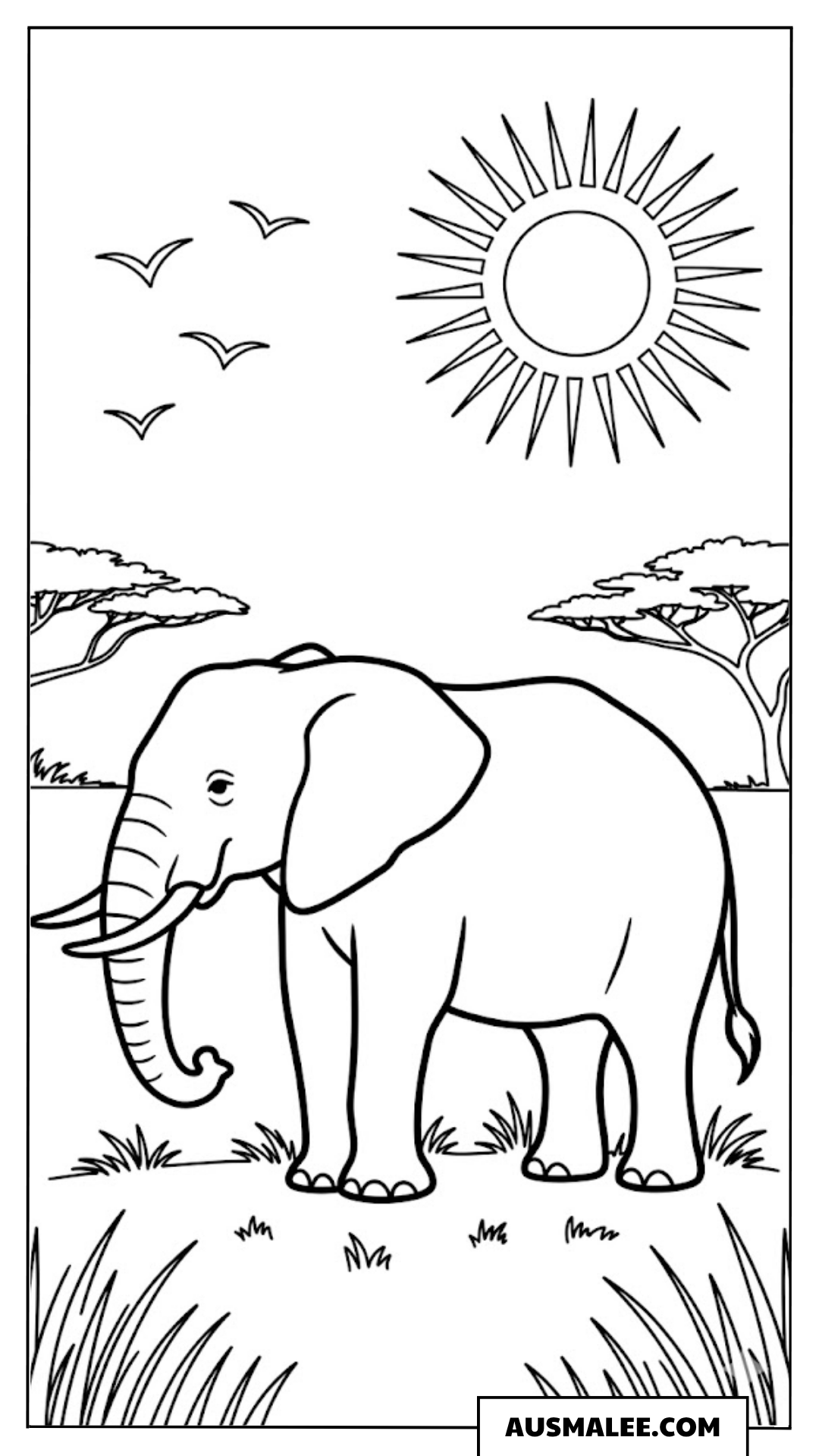 Elefant in der Savanne mit Sonne ausmalbild