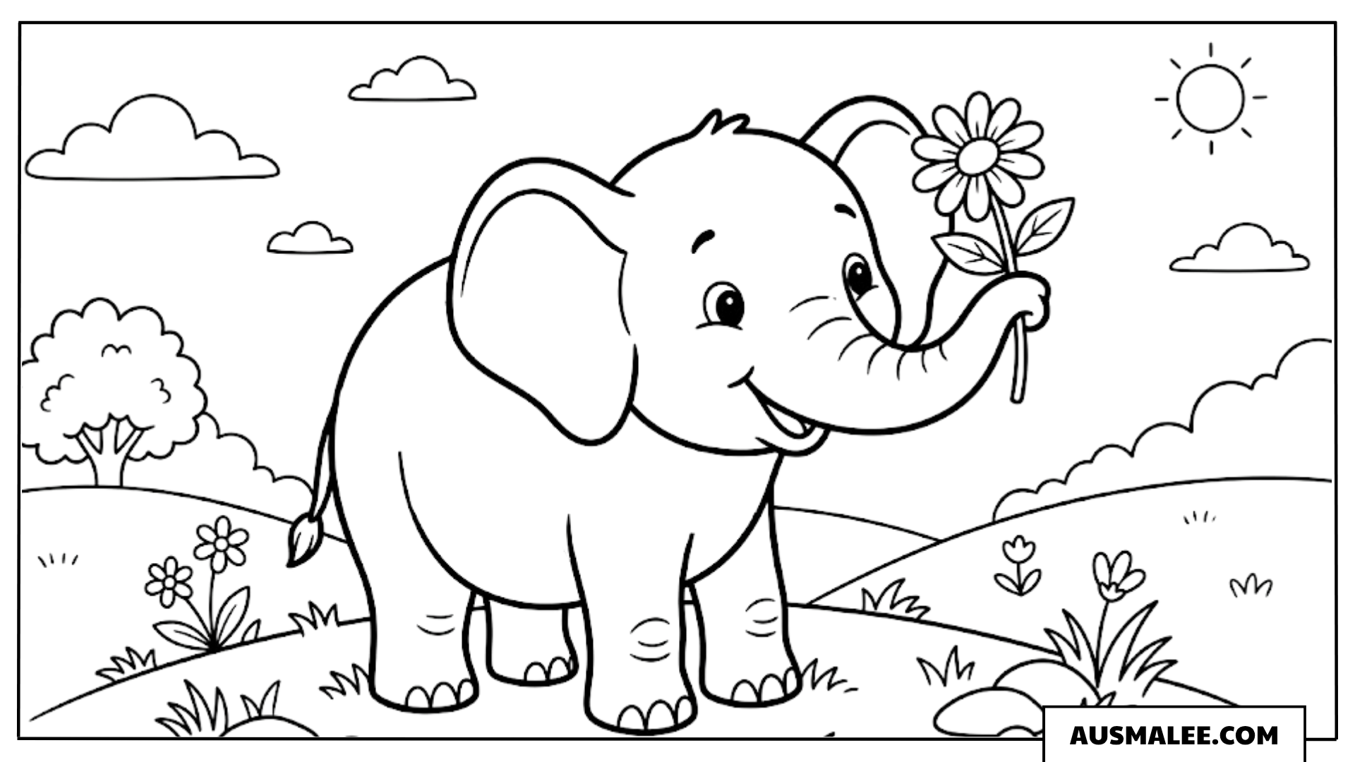 Elefant mit Blume in der Savanne ausmalbild