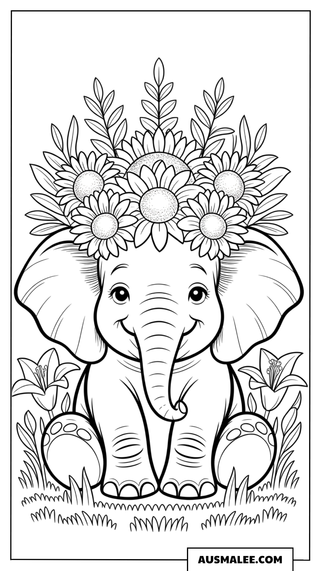 Elefant mit Blumenkrone ausmalbild