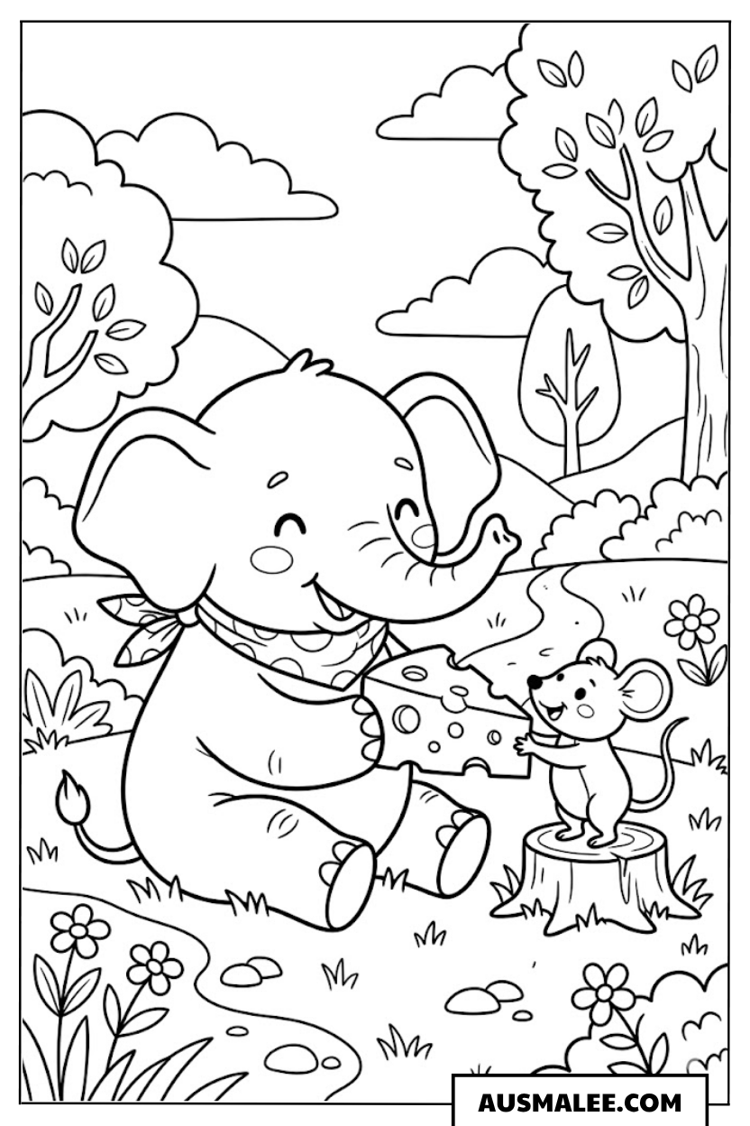 Elefant teilt Käse mit Maus ausmalbild