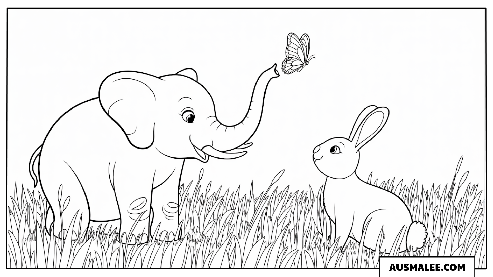 Elefant und Hase auf der Wiese ausmalbild