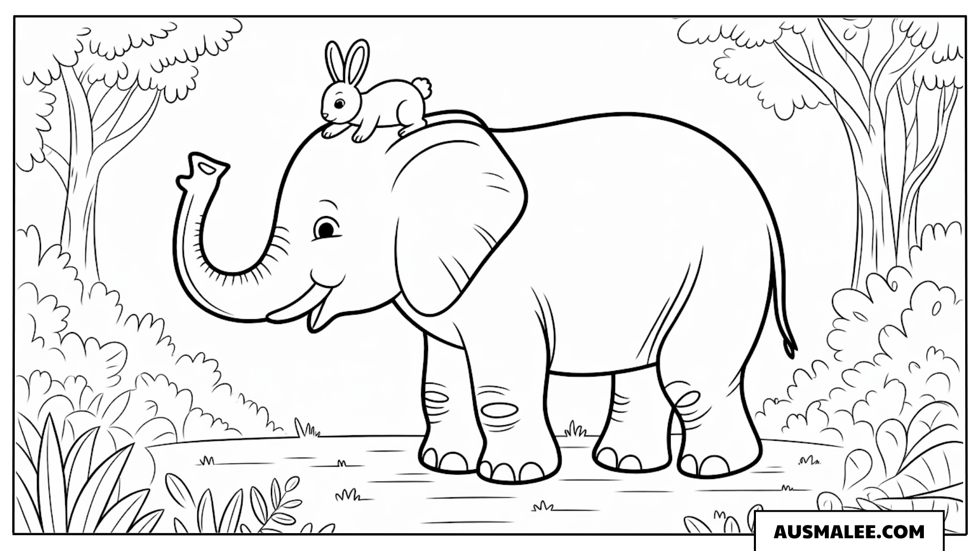 Elefant und Hase im Wald ausmalbild