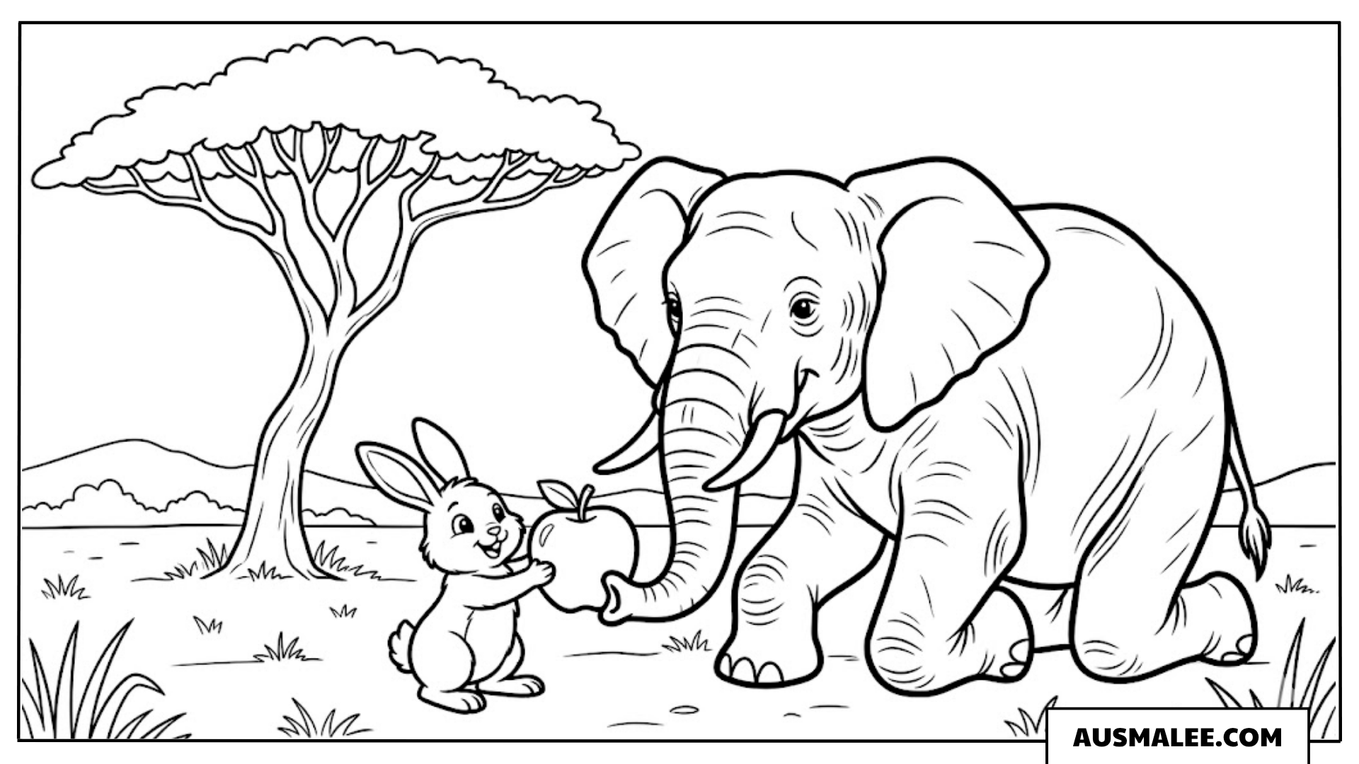 Elefant und Hase unter dem Baum ausmalbild