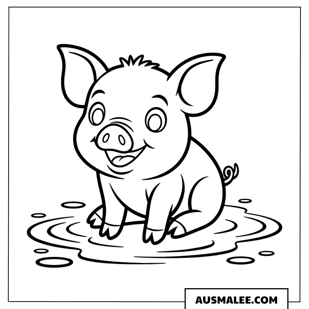 Fröhliches Ferkel in der Pfütze ausmalbild