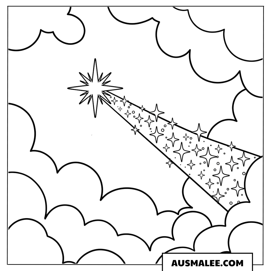 Funkelnde Sternschnuppe durch die Wolken Ausmalbild