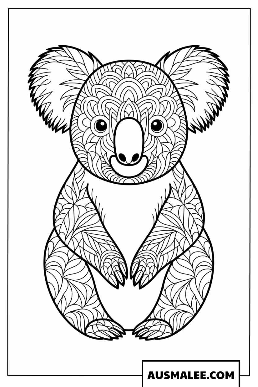 Ganzkörper-Koala-Mandala Ausmalbild