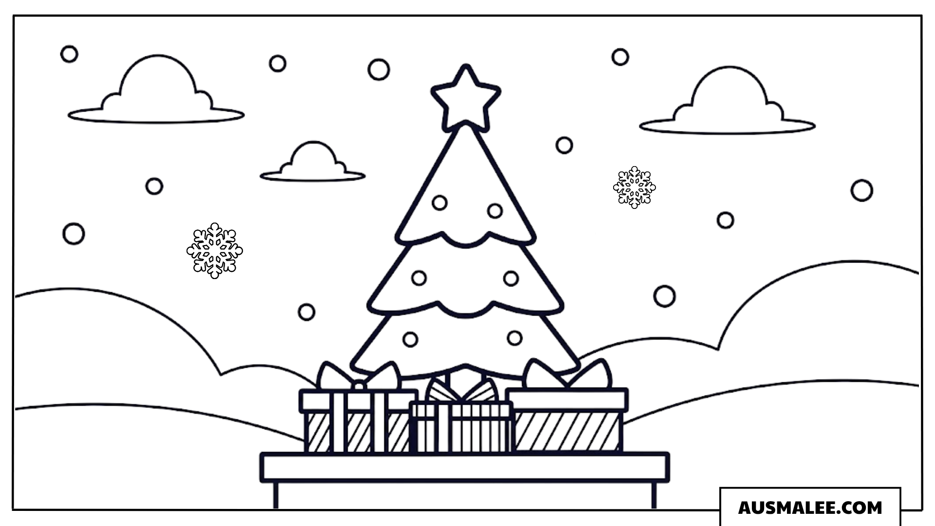 Geschmückter Weihnachtsbaum mit Geschenken Ausmalbild
