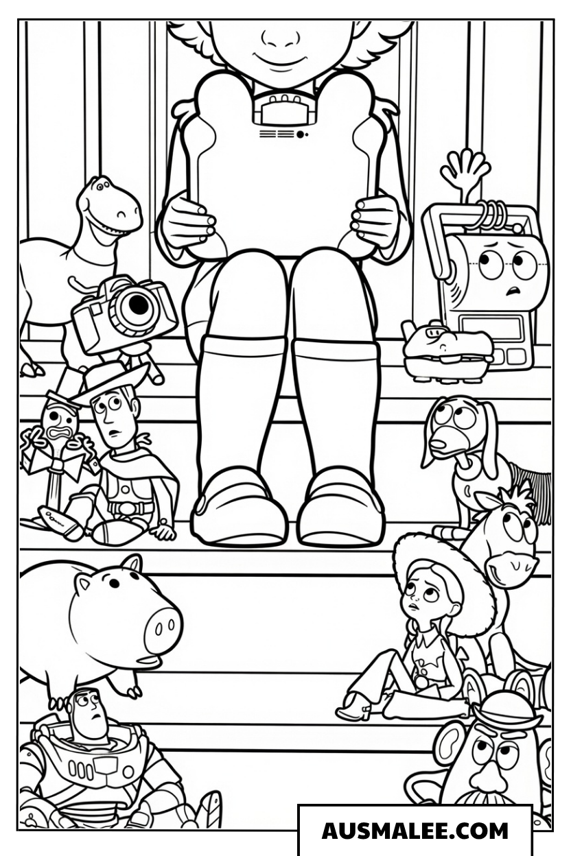 Große Gruppe auf der Treppe in Toy Story 5 ausmalbild