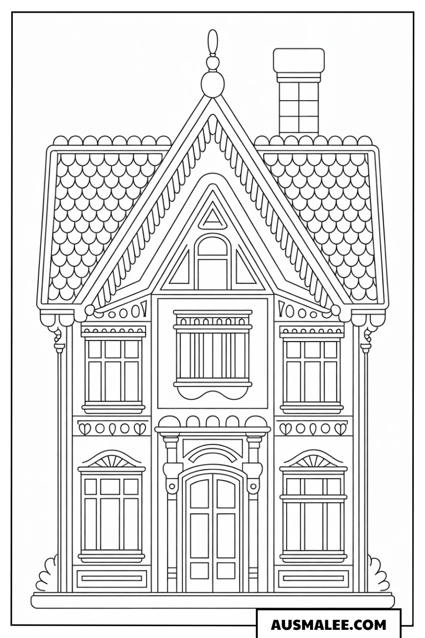 Großes viktorianisches Lebkuchenhaus Ausmalbild