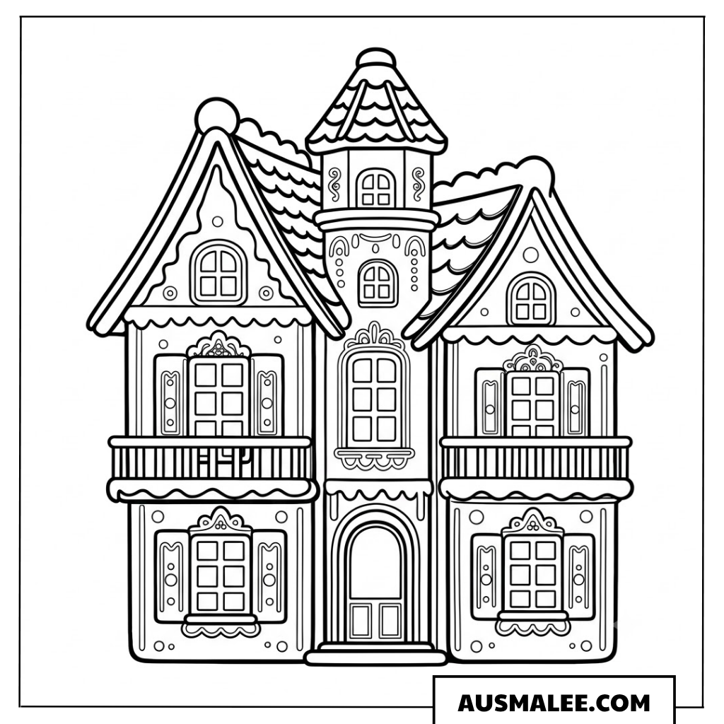 Großes viktorianisches Lebkuchenhaus Ausmalbild