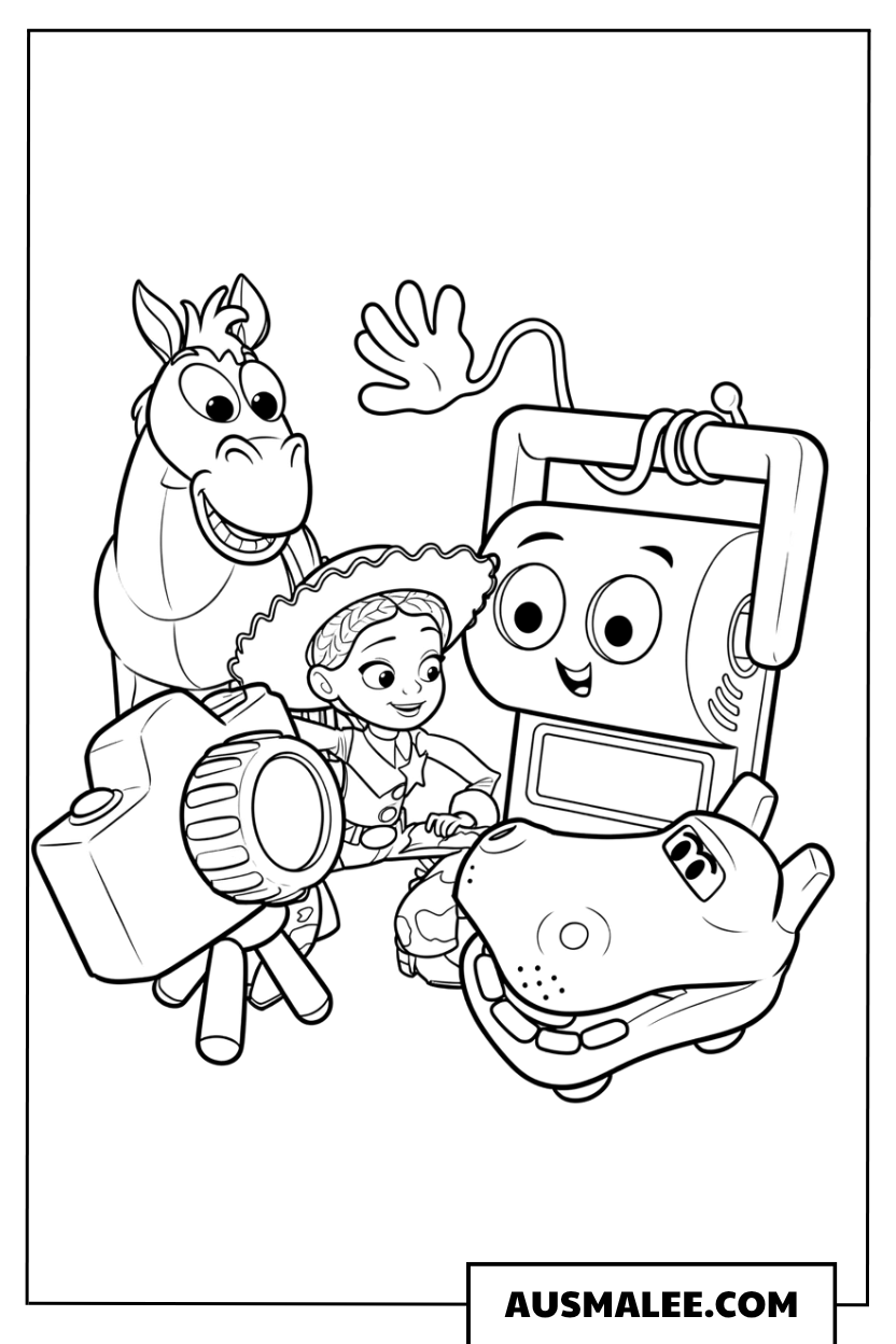 Gruppe mit Forky und Lily Pad in Toy Story 5 ausmalbild