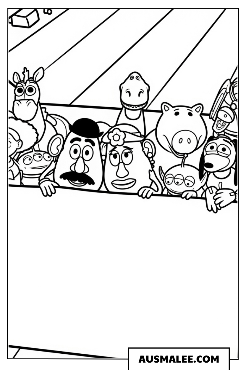 Gruppe schaut über das Geländer in Toy Story 5 ausmalbild