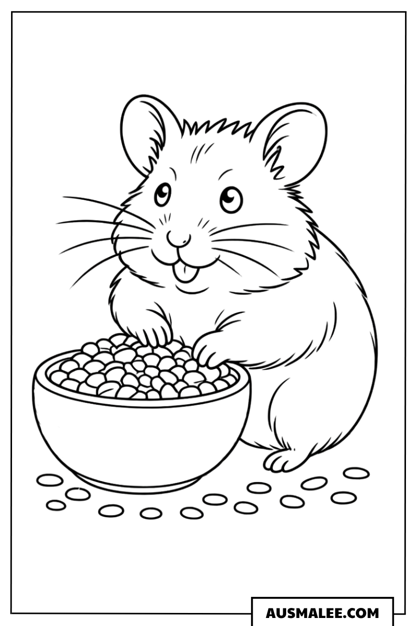 Hamster isst aus einer Schüssel Ausmalbild