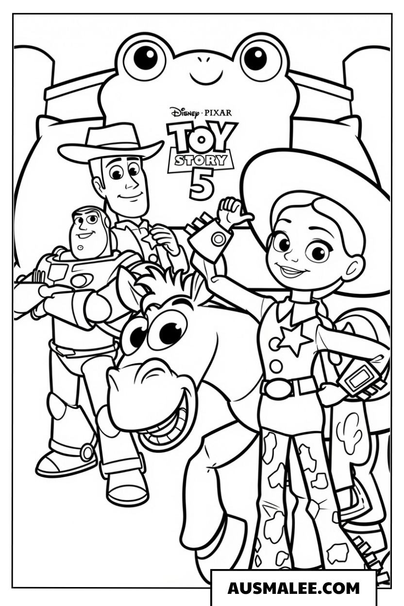 Hauptcharaktere mit Lily Pad in Toy Story 5 ausmalbild