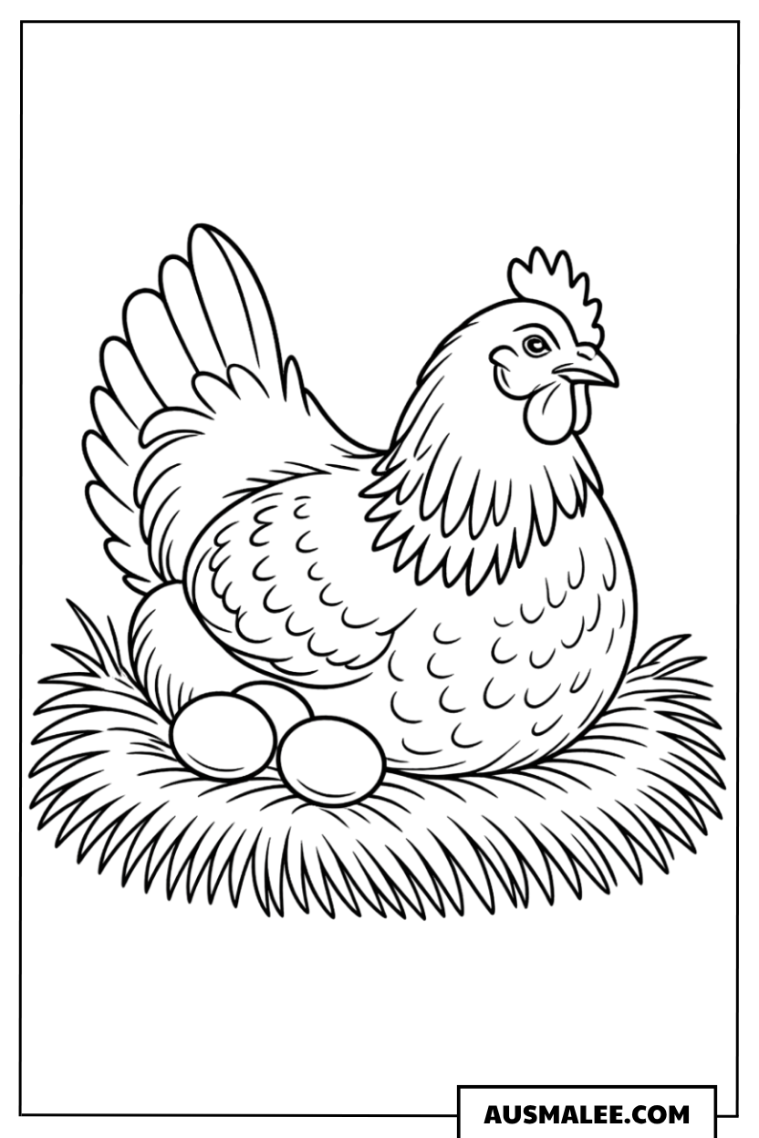 Huhn auf dem Eiernest Ausmalbild