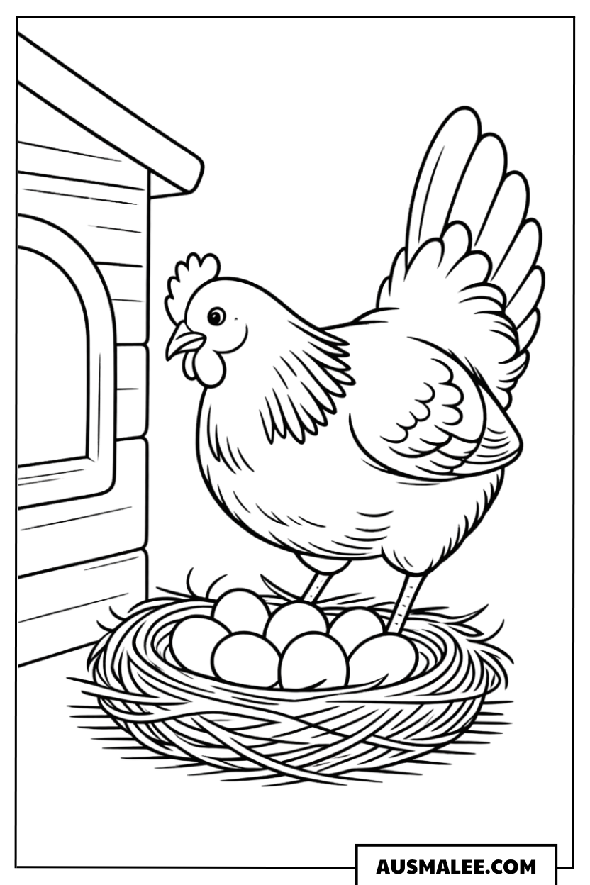 Huhn auf dem Nest vor dem Stall Ausmalbild