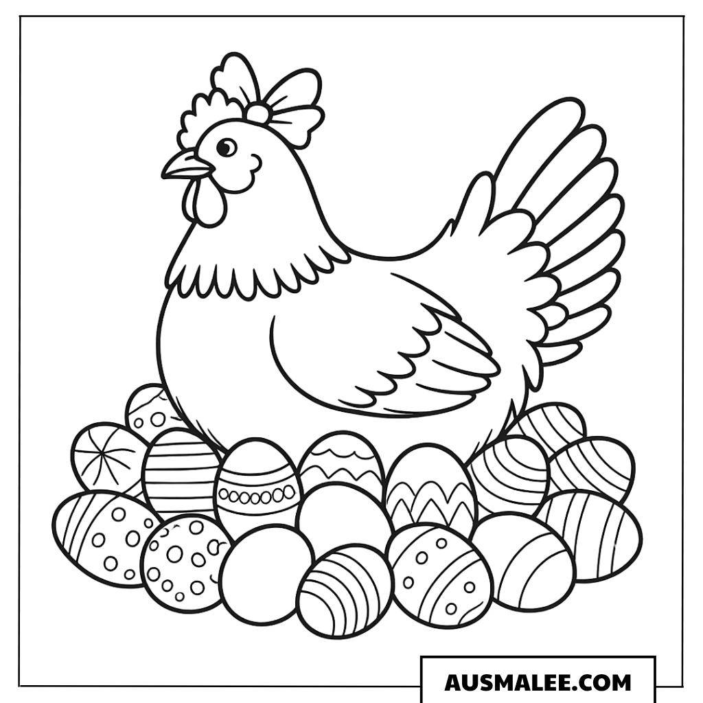 Huhn auf dem Osternest Ausmalbild