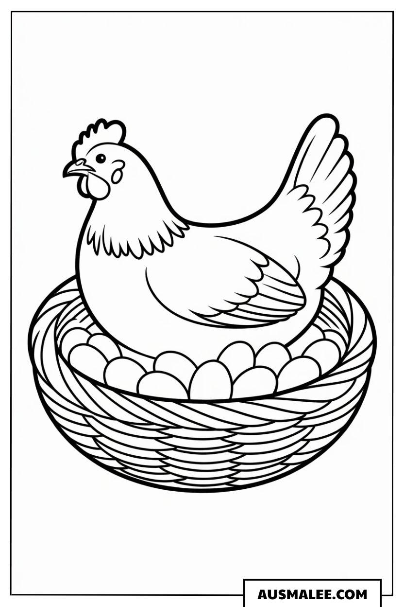 Huhn im Korb mit Eiern Ausmalbild