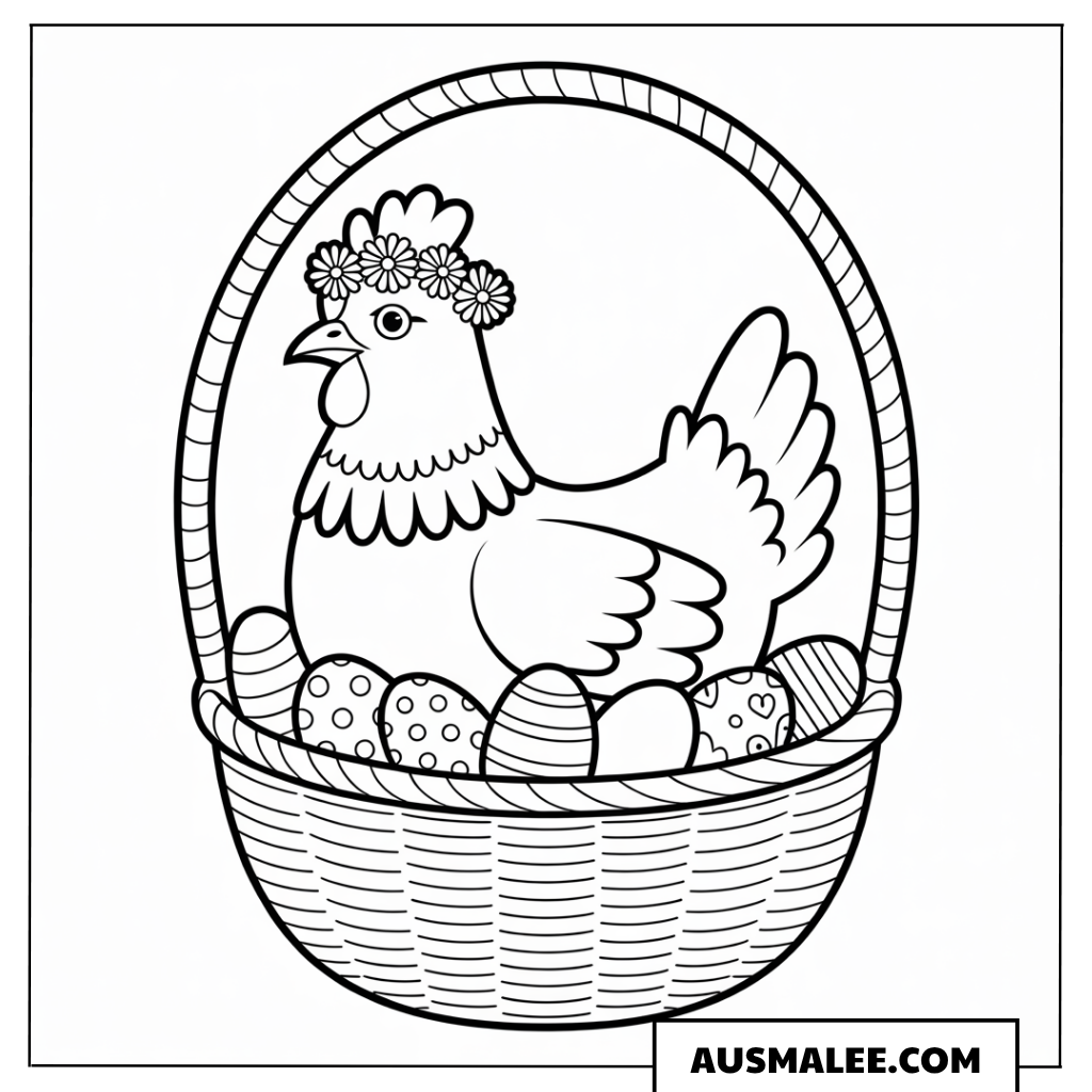 Huhn im Osternestkorb Ausmalbild
