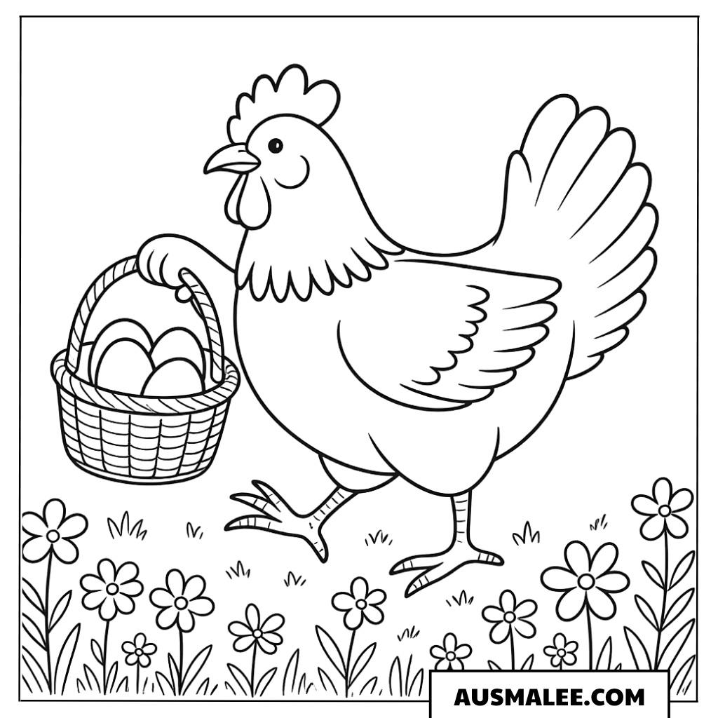 Huhn mit Ostereierkorb Ausmalbild