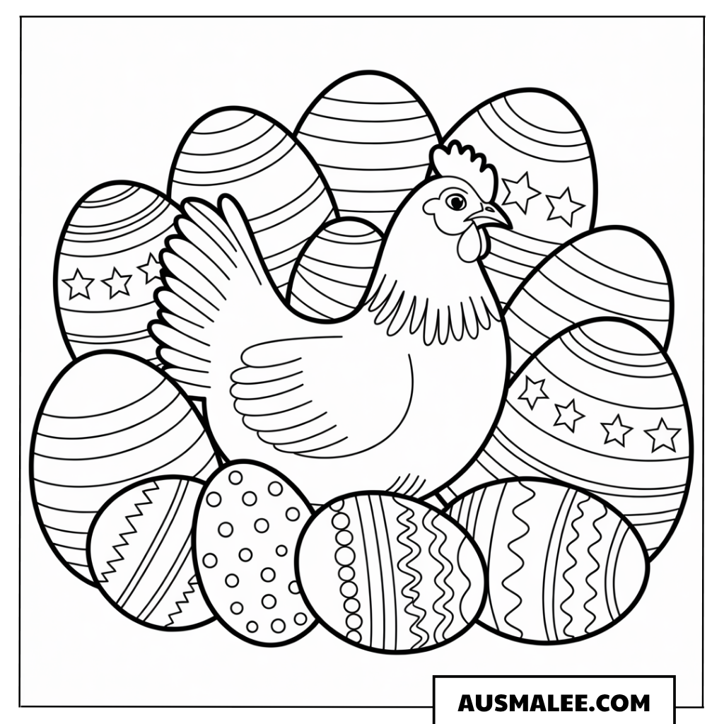 Huhn mit Ostereiern Ausmalbild