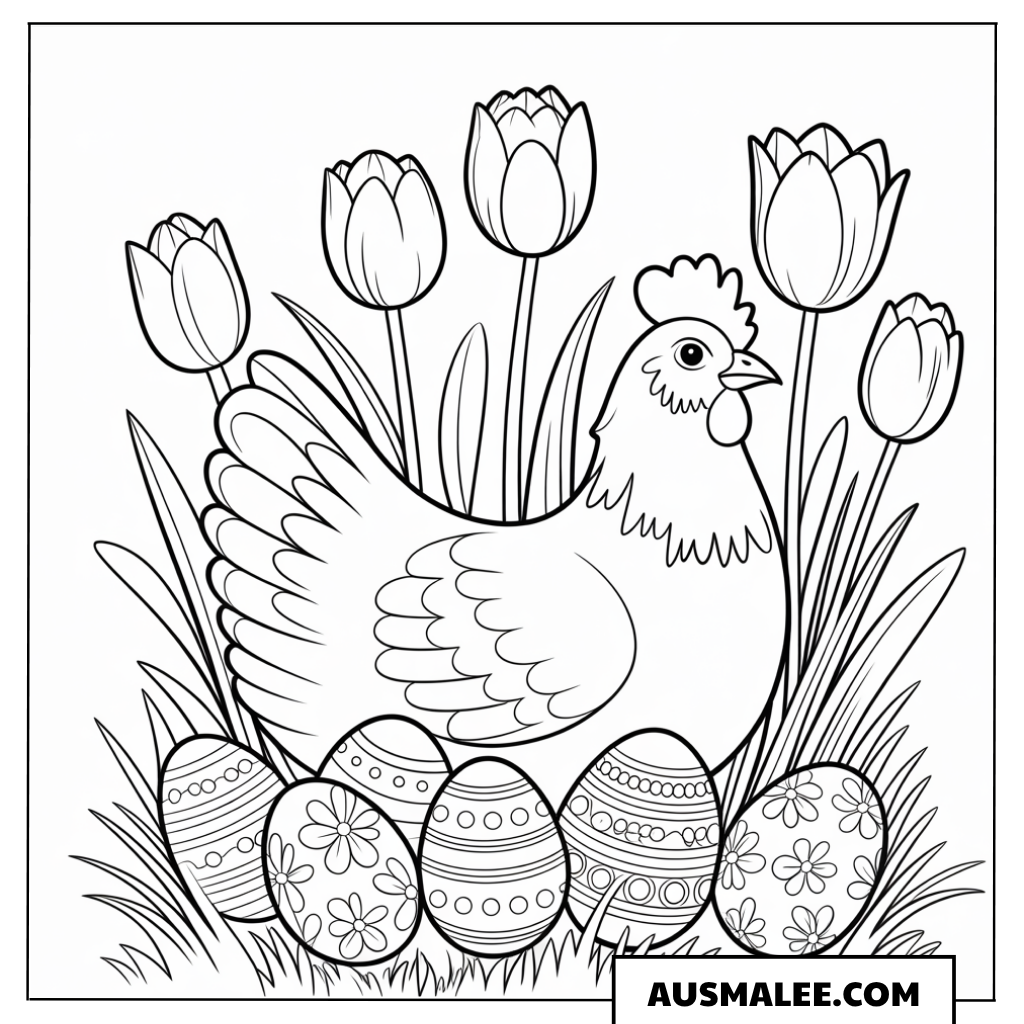 Huhn mit Tulpen und Ostereiern Ausmalbild