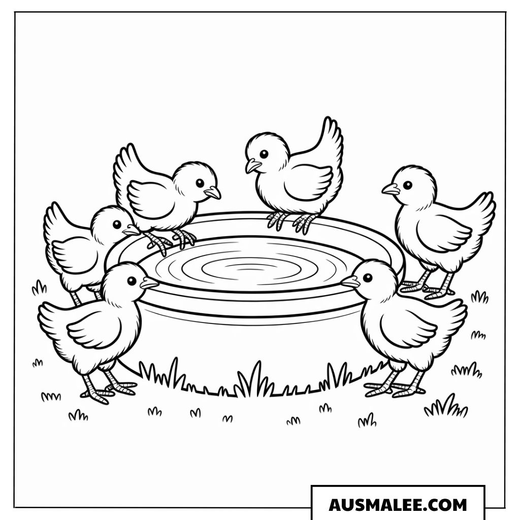 Huhn mit vielen Küken am Wasser Ausmalbild