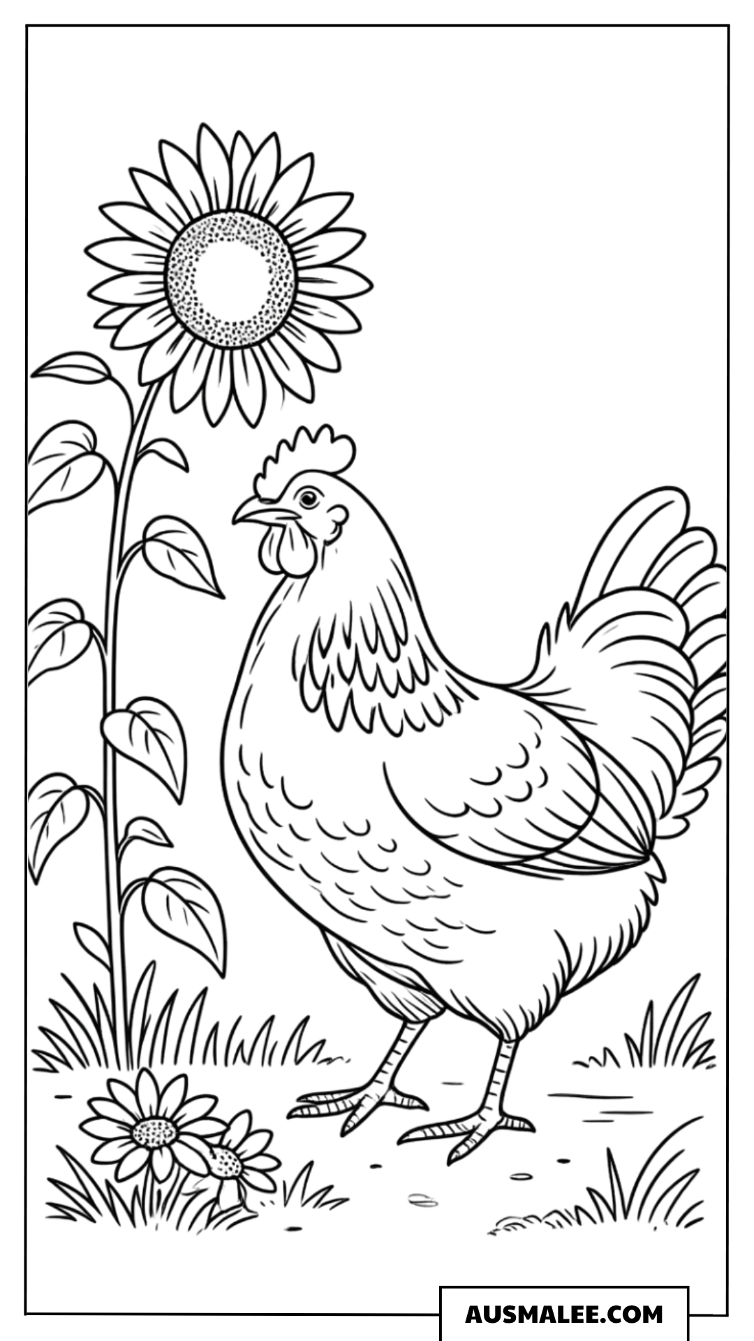 Huhn neben der Sonnenblume Ausmalbild