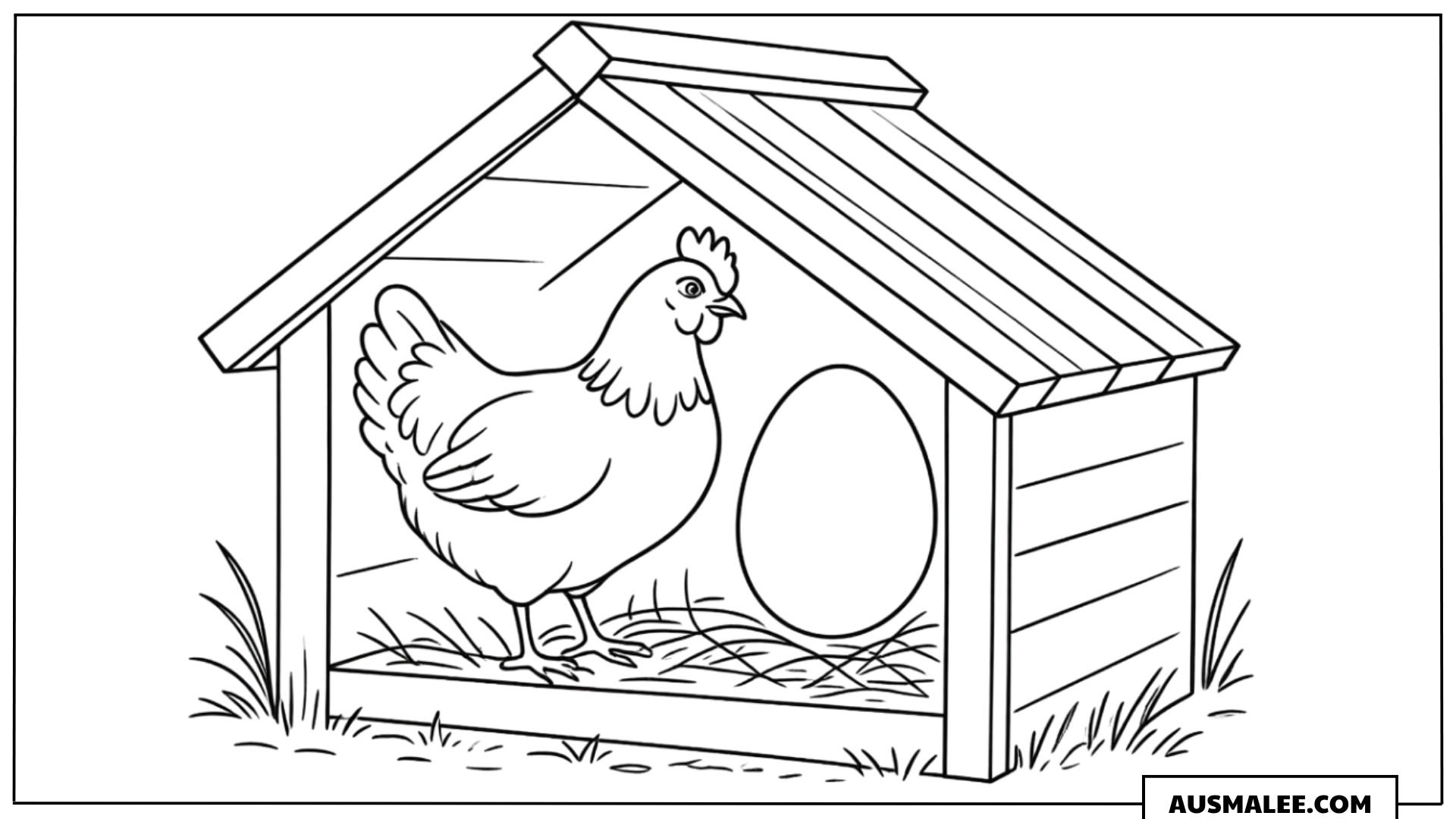 Huhn vor dem Stall Ausmalbild