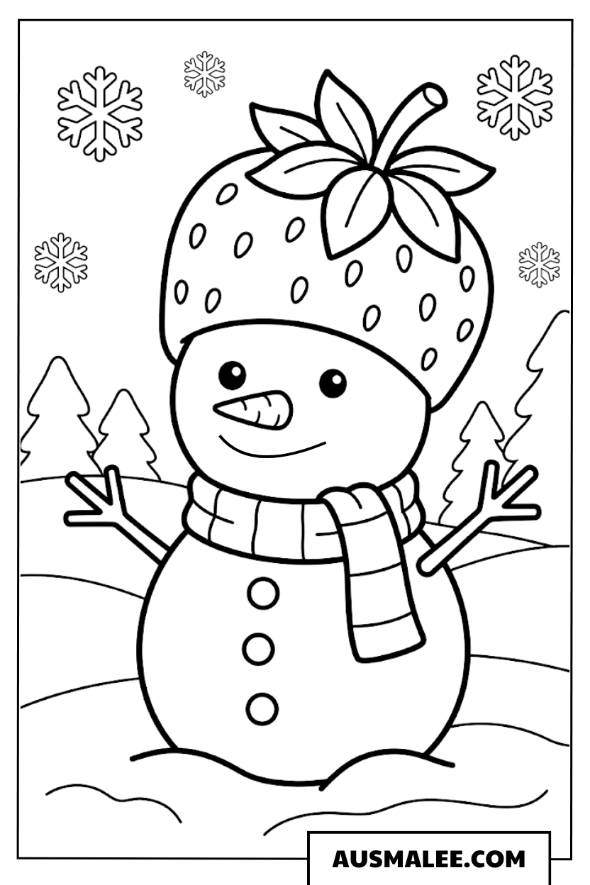 Kawaii Erdbeer-Schneemann ausmalbild