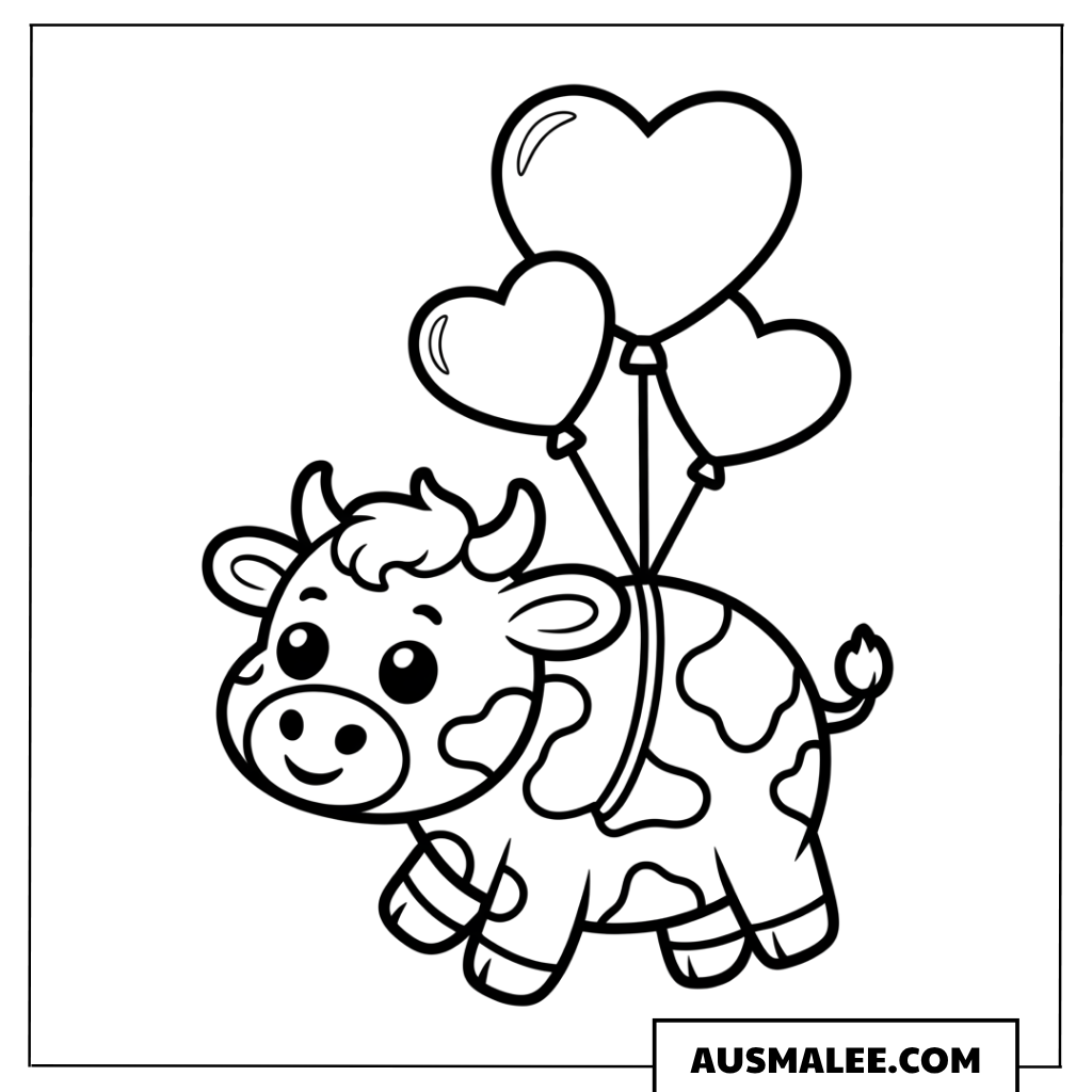Kawaii Kuh mit Herzluftballons Ausmalbild