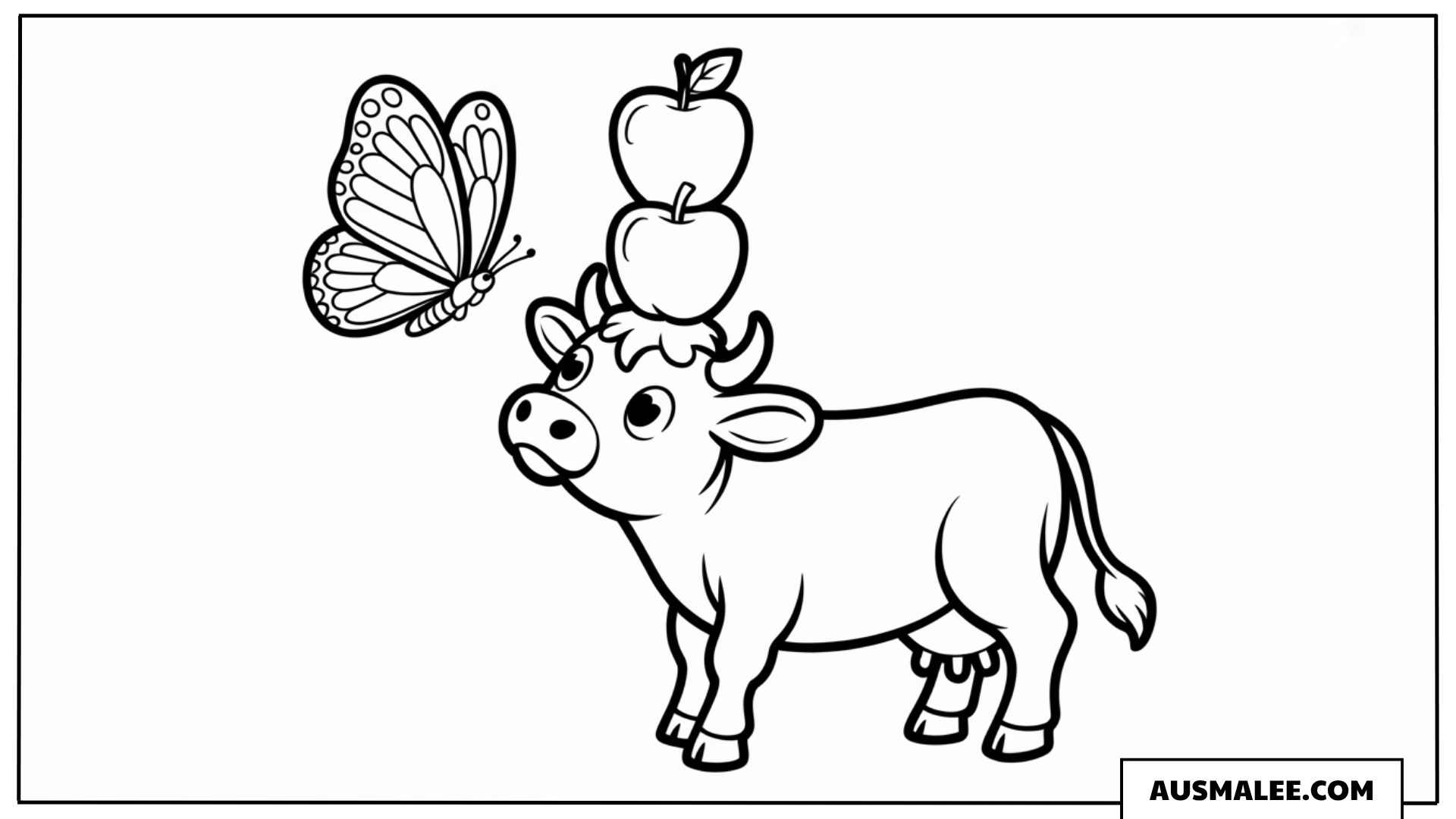 Kawaii Kuh mit Schmetterling Ausmalbild