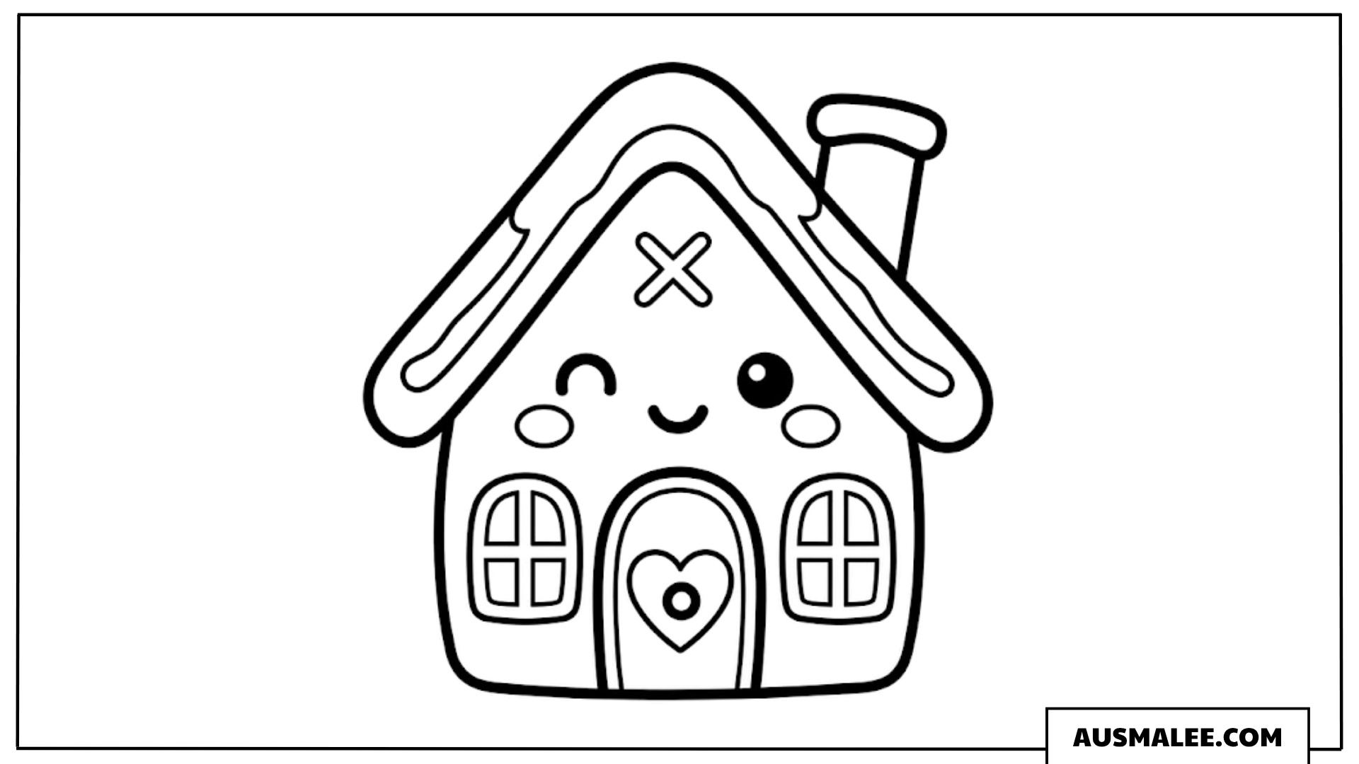 Kawaii Lebkuchenhaus mit Gesicht Ausmalbild