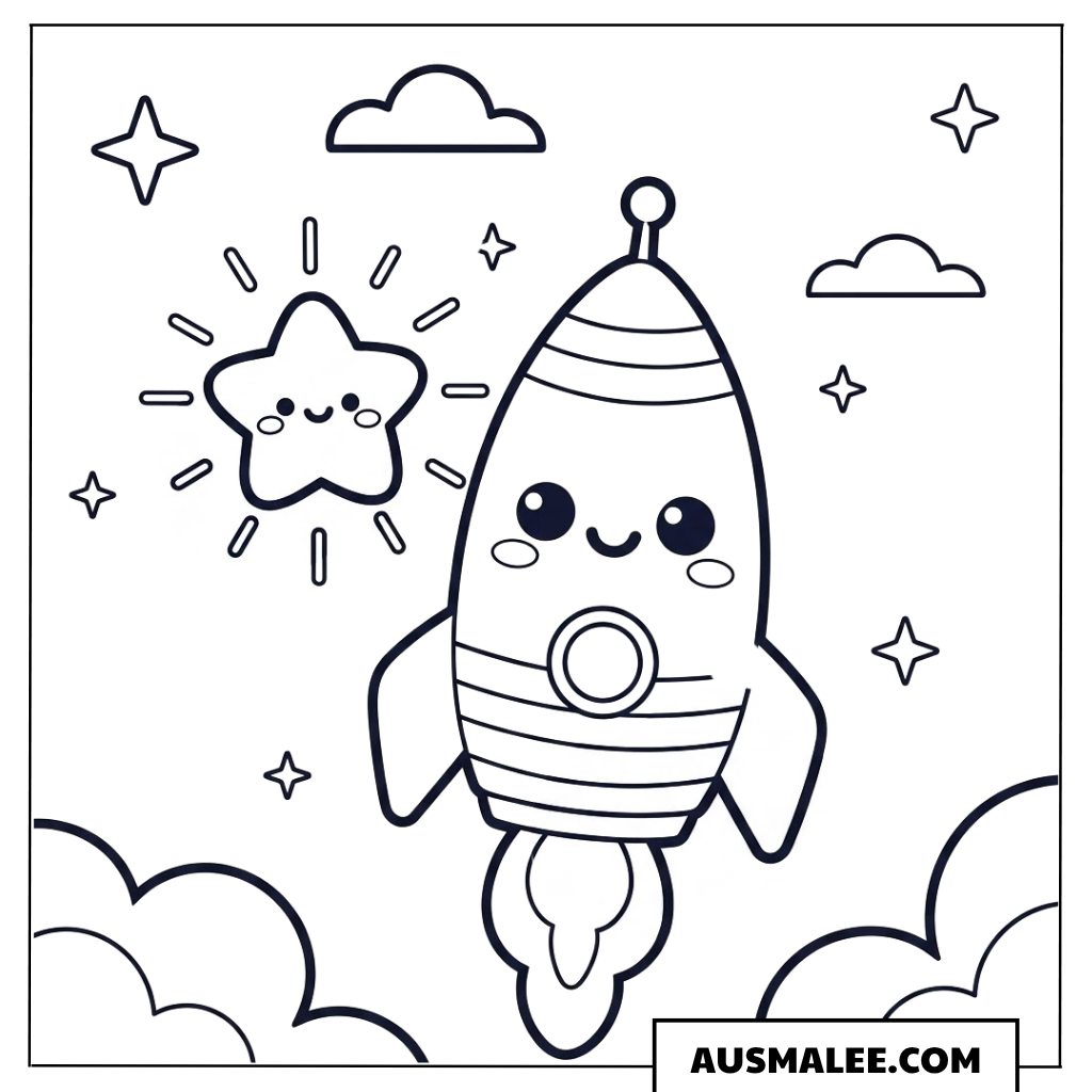 Kawaii Rakete mit lächelndem Stern Ausmalbild