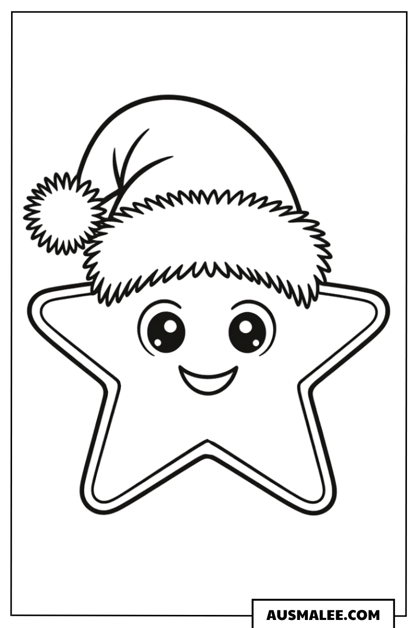 Kawaii Stern mit Weihnachtsmütze Ausmalbild