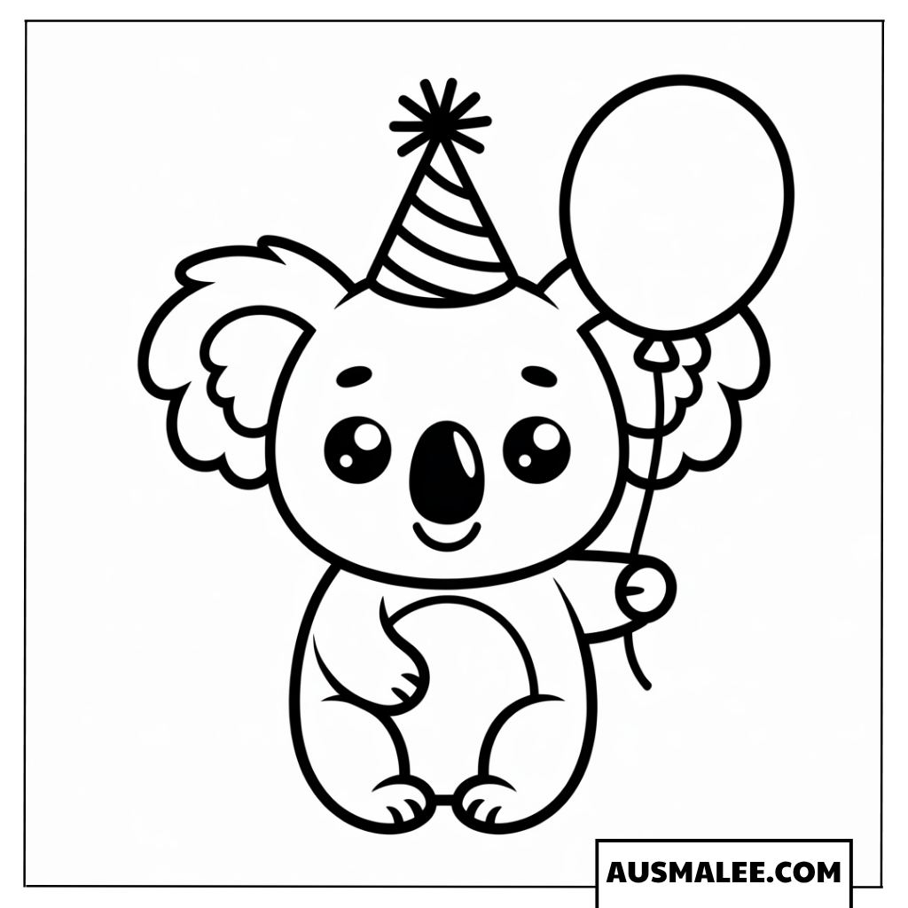 Koala-Baby mit Geburtstagshut und Ballons Ausmalbild