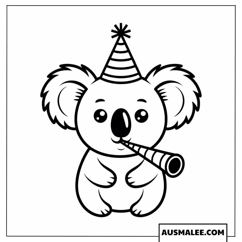 Koala-Baby mit Geburtstagströte Ausmalbild