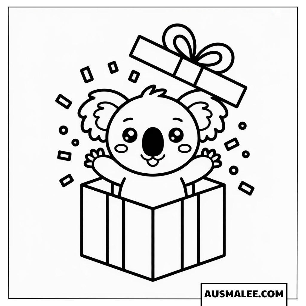 Koala-Baby springt aus einer Geschenkbox Ausmalbild