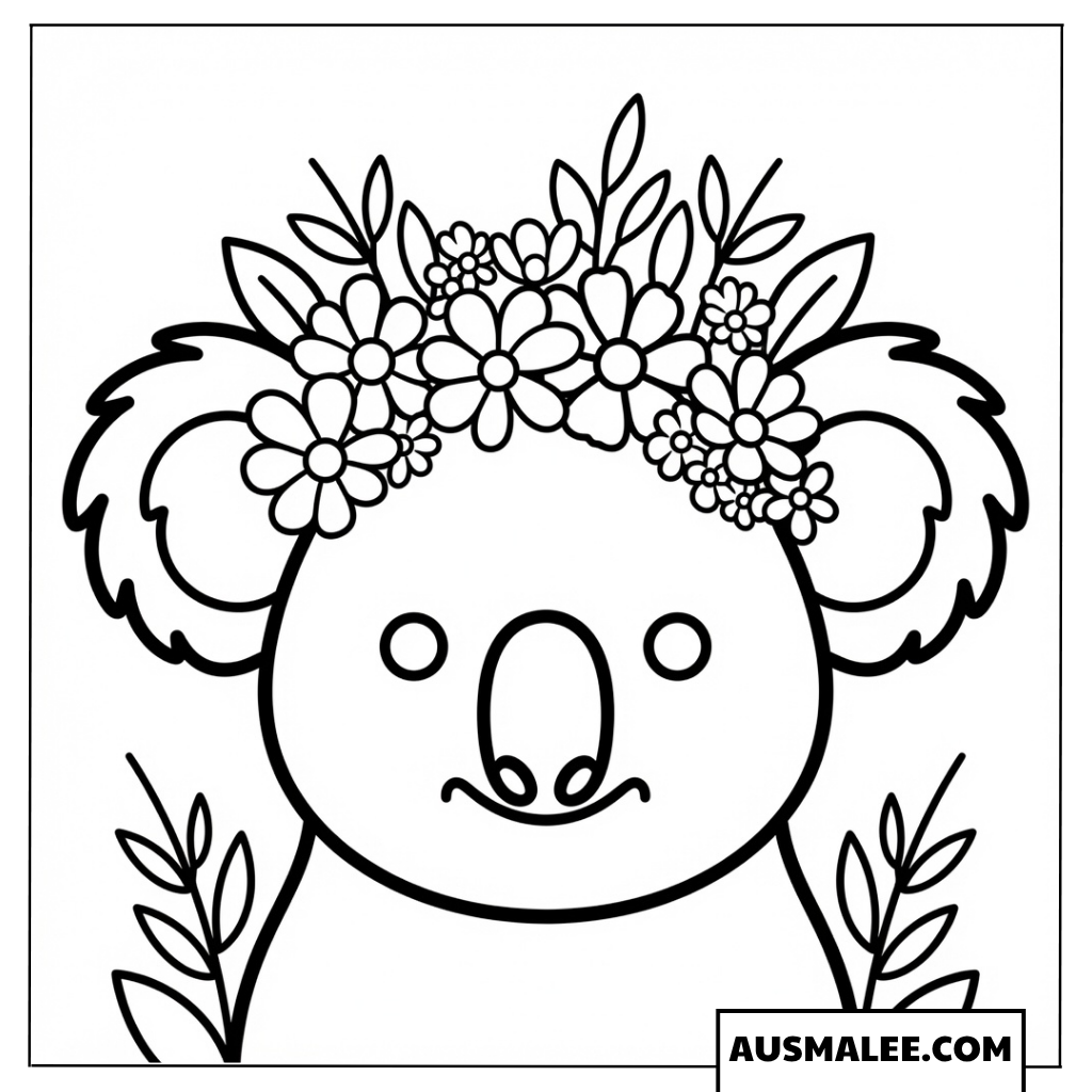 Koala-Kopf mit Blumenkrone Ausmalbild