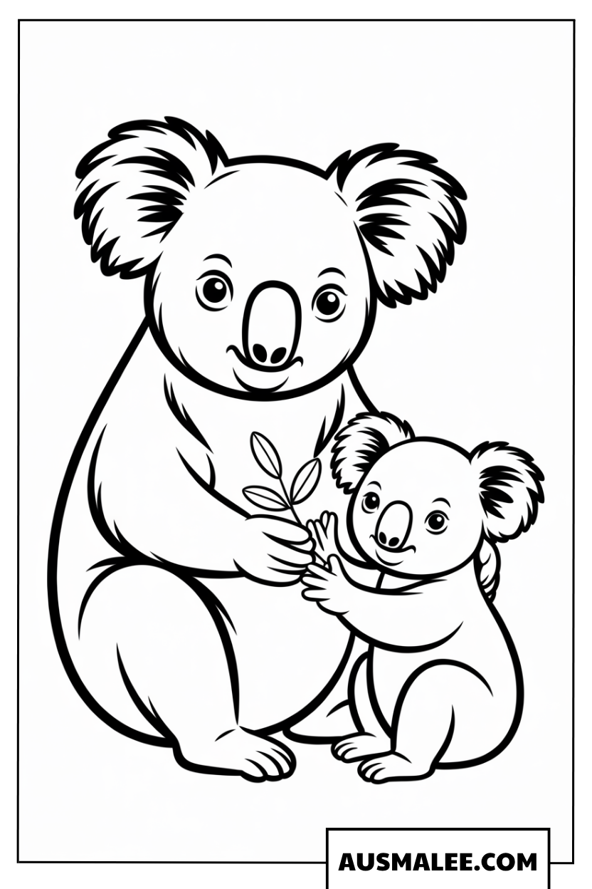 Koala-Mutter umarmt ihr Junges Ausmalbild