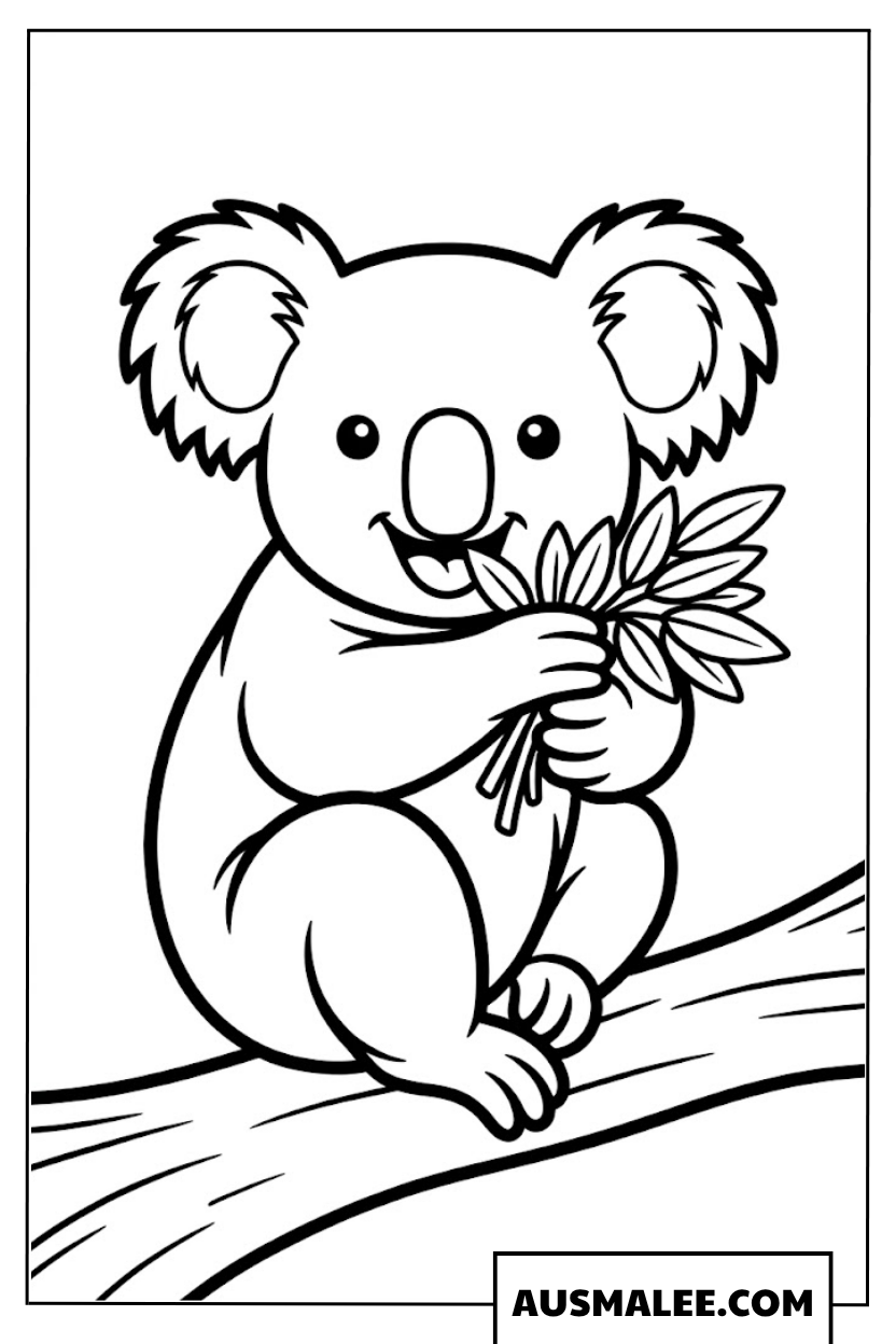 Koala auf einem Ast mit Eukalyptusblättern Ausmalbild