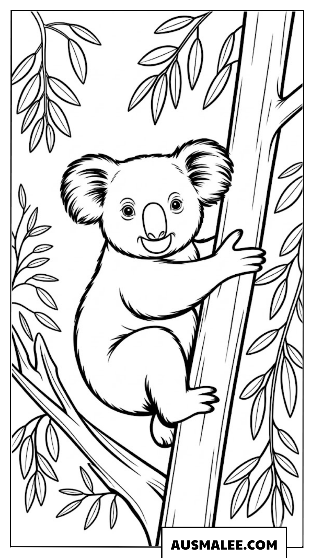 Koala klettert auf einen Baum Ausmalbild