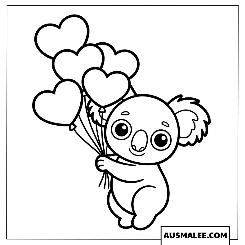 Koala mit Herzballons Ausmalbild