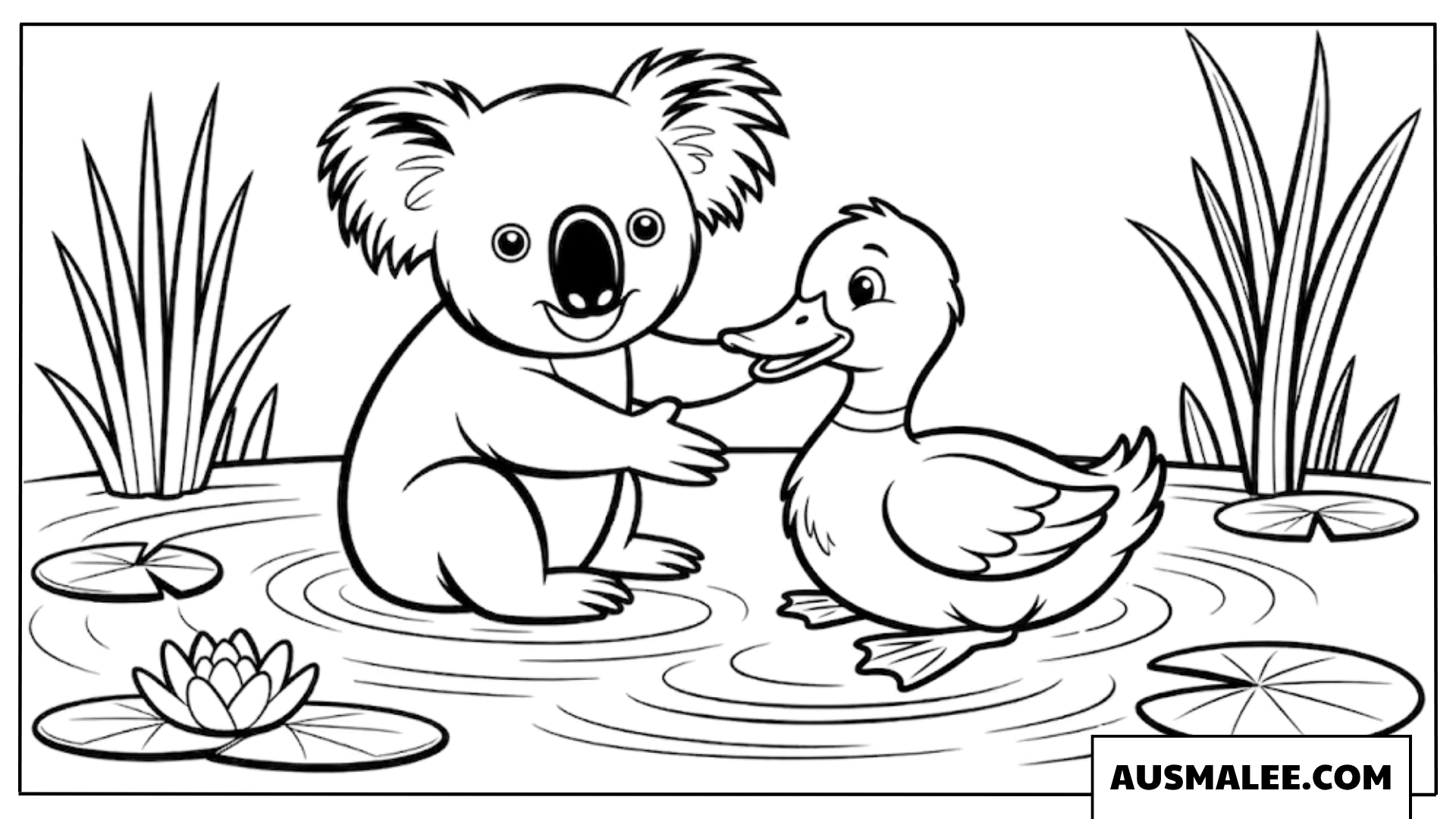 Koala und Ente am Teich Ausmalbild