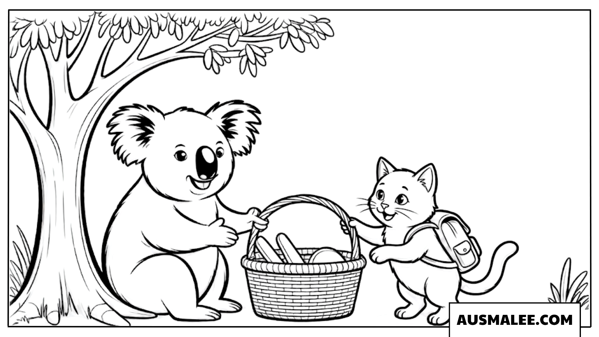 Koala und Katze beim Picknick Ausmalbild