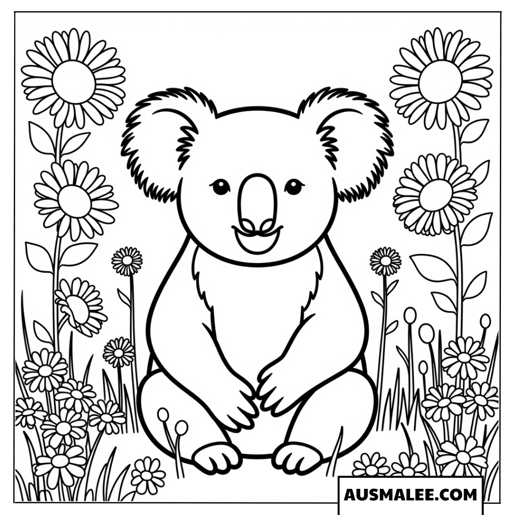 Koala zwischen Blumen Ausmalbild