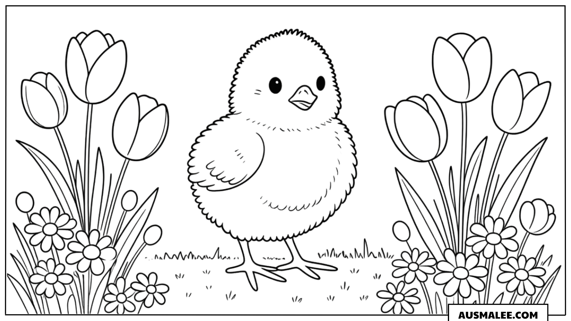 Küken zwischen Tulpen Ausmalbild